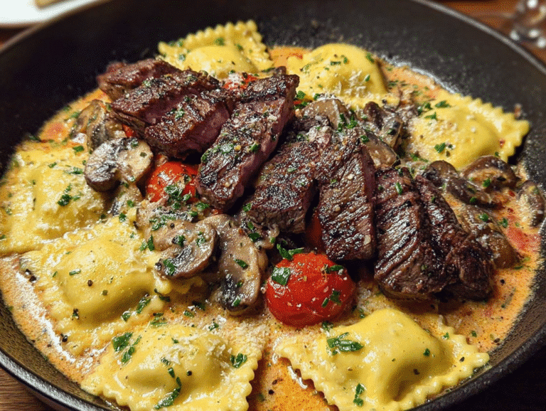Creamy Tomato Mushroom Ravioli with Seared Steak