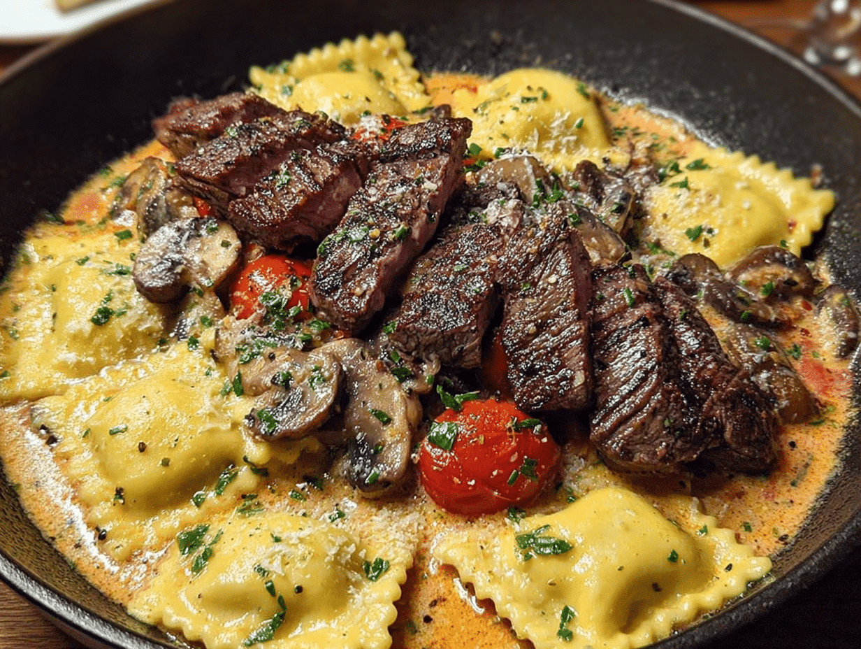 Creamy Tomato Mushroom Ravioli with Seared Steak