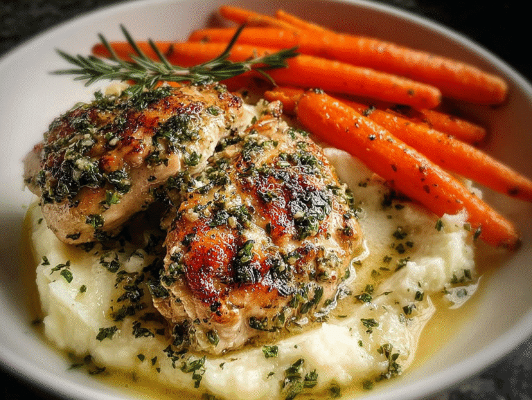 Garlic Herb Chicken with Creamy Mash & Roasted Carrots