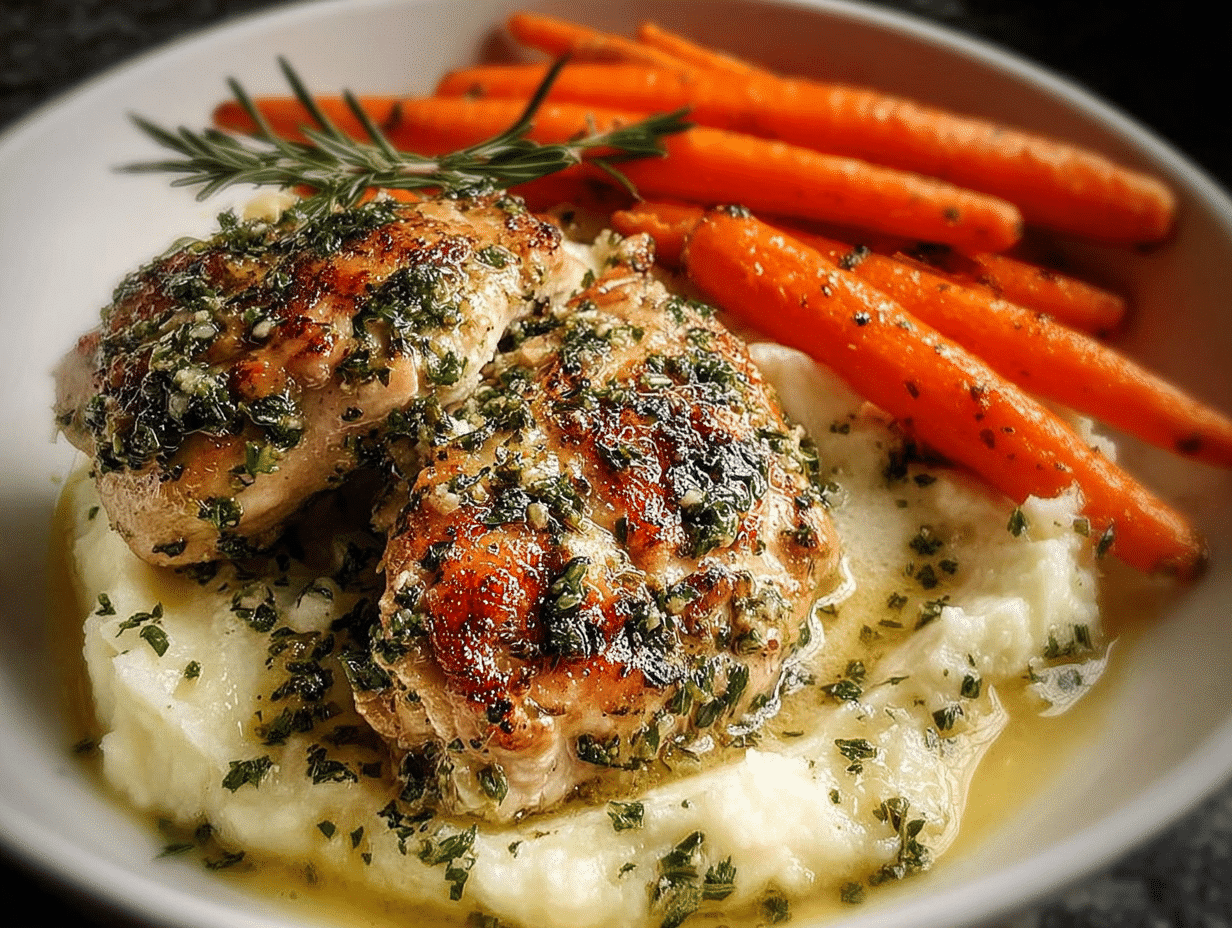 Garlic Herb Chicken with Creamy Mash & Roasted Carrots