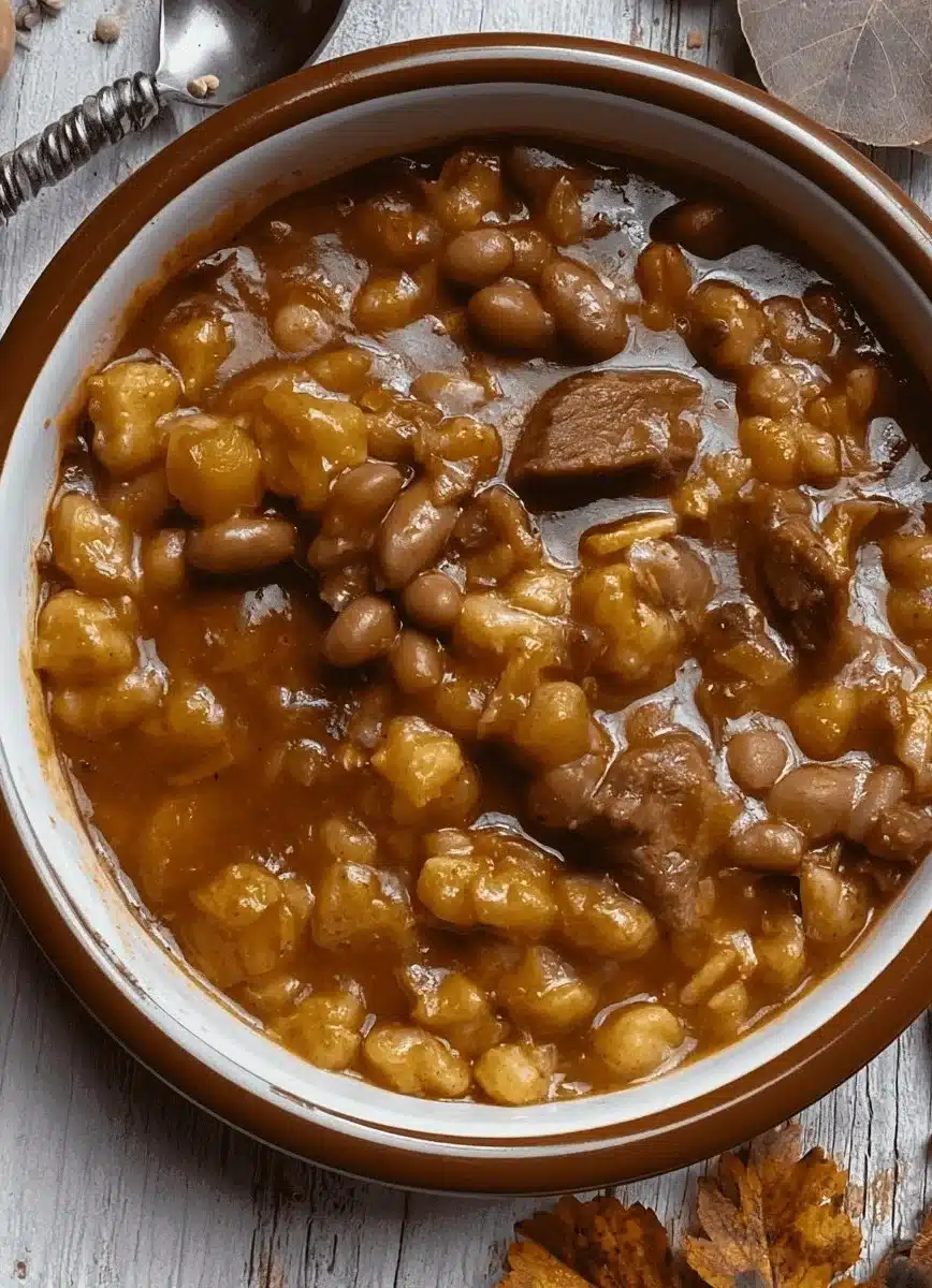 Delicious bowl of Argentine Locro, a traditional stew with beef, corn, and vegetables.