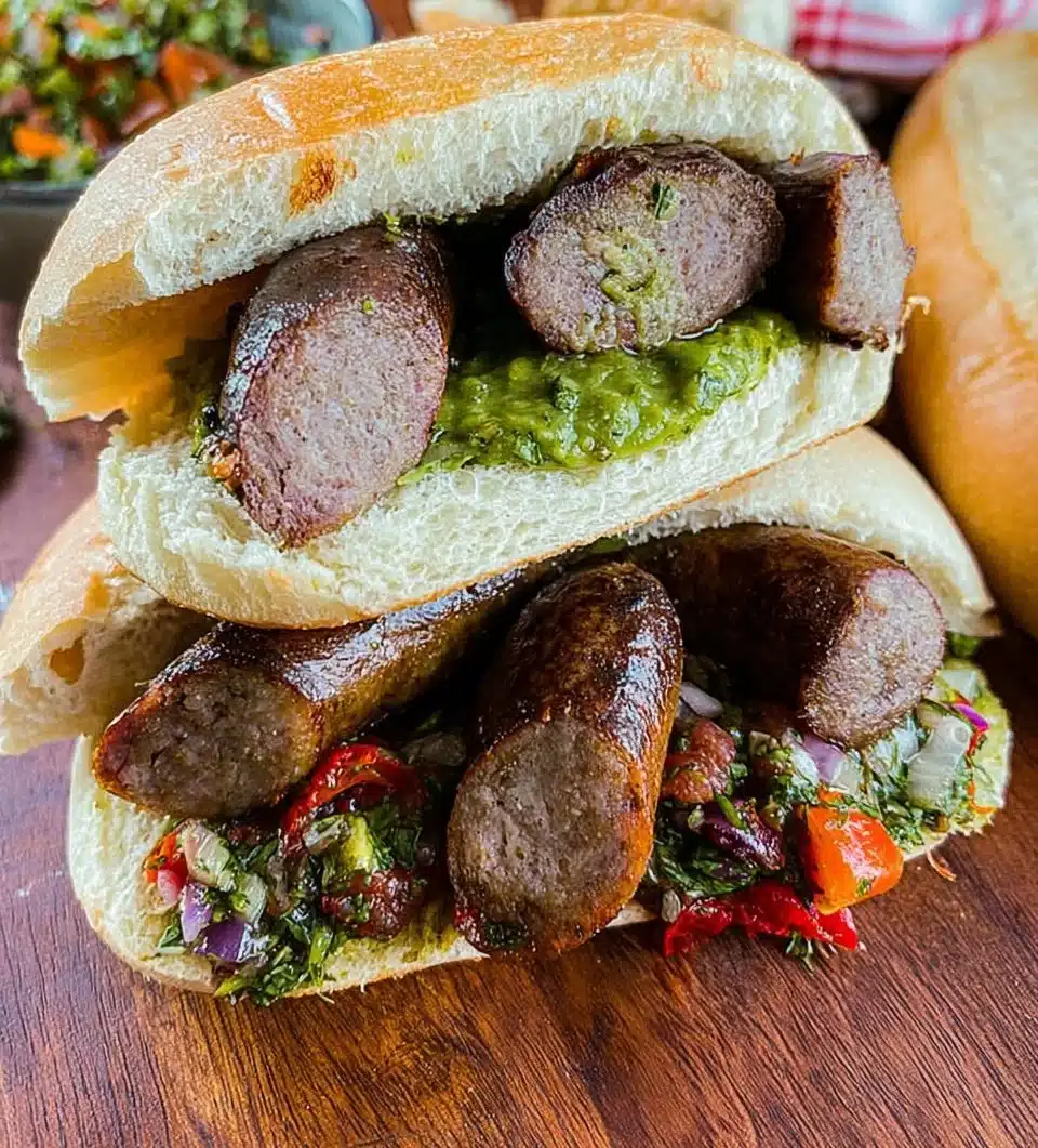 Delicious Argentinian Choripán served with chimichurri sauce