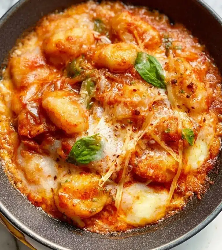 Delicious baked gnocchi topped with cheese and herbs in a baking dish