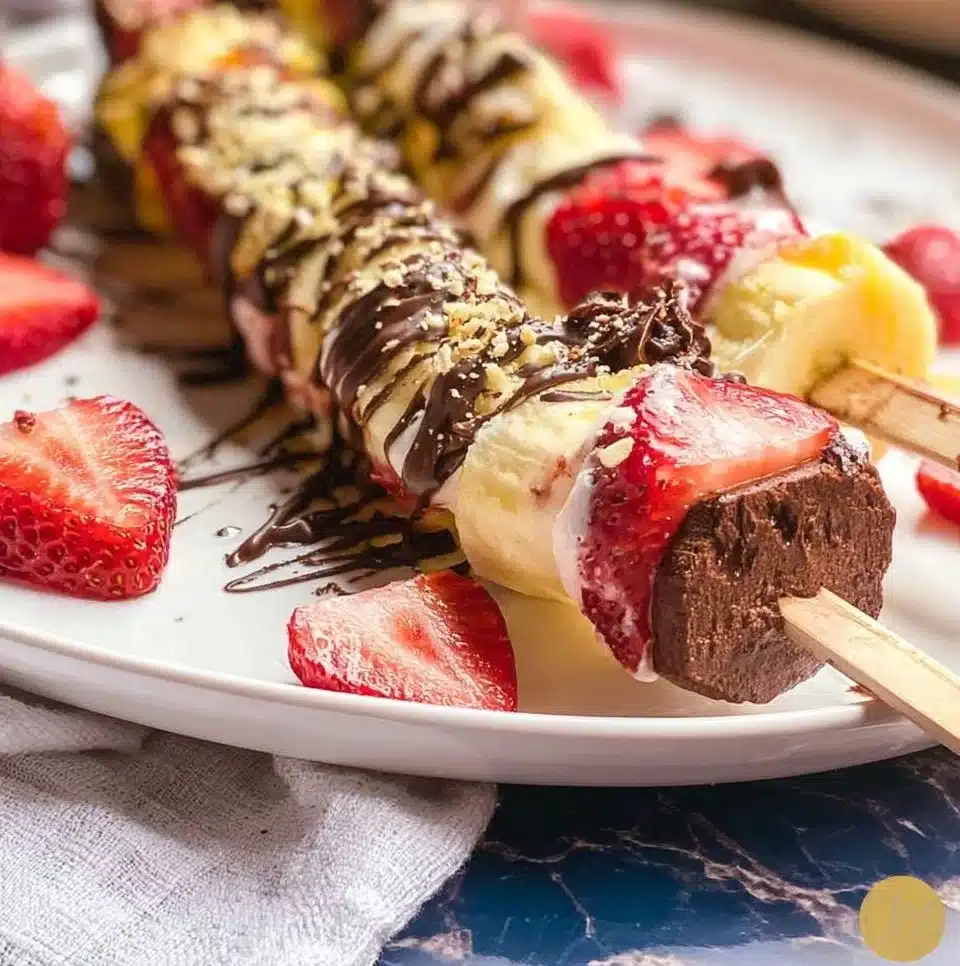 Colorful Banana Split Kabobs with fruits and ice cream on skewers