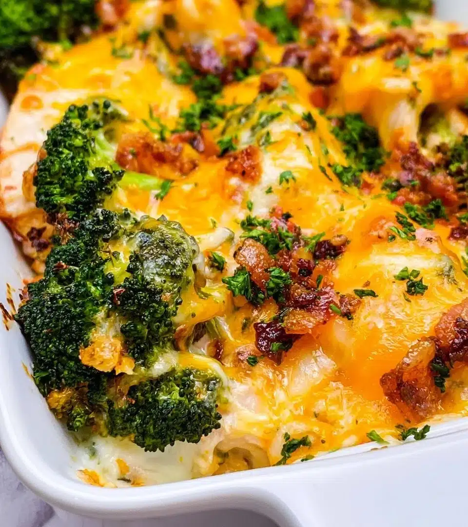 Delicious Broccoli Bacon Cheddar Chicken dish served with veggies and melted cheese