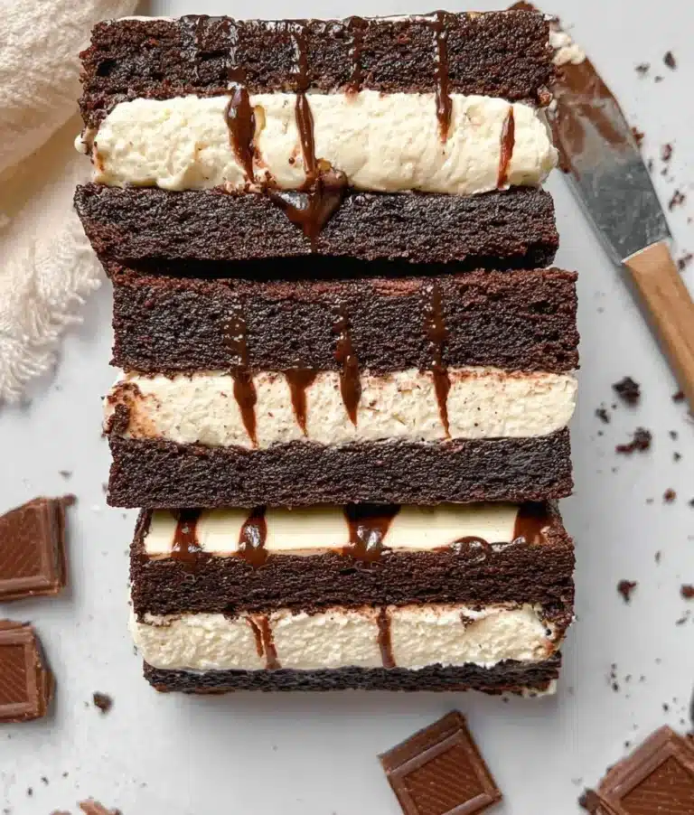 Delicious brownie ice cream sandwiches stacked with layers of rich brownies and creamy ice cream