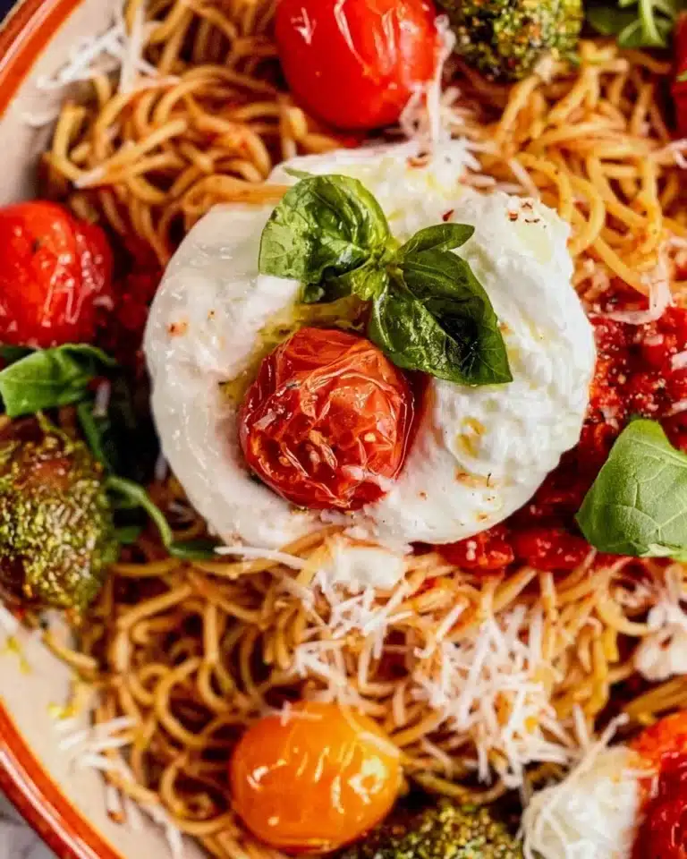 Burrata pasta topped with fresh basil and tomatoes, showcasing creamy cheese.