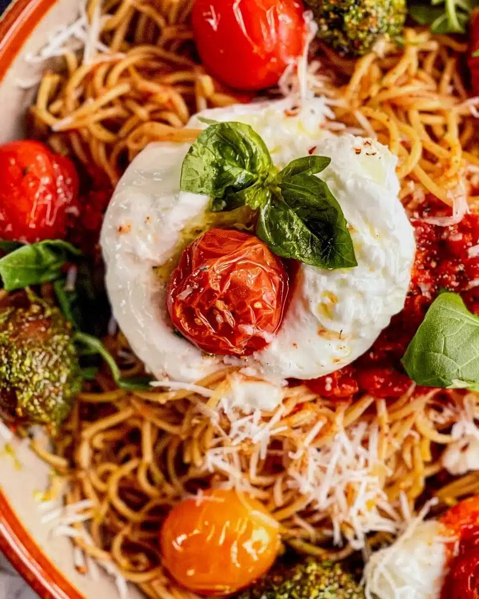 Burrata pasta topped with fresh basil and tomatoes, showcasing creamy cheese.