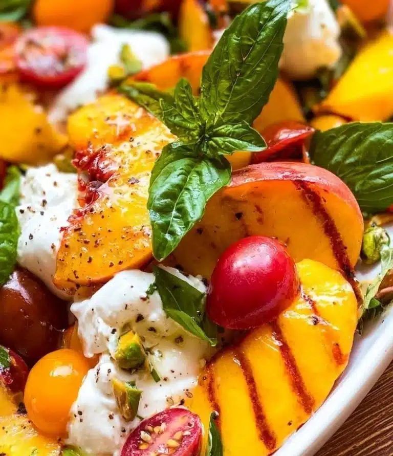 Burrata peach salad with creamy cheese and ripe peaches served on a plate