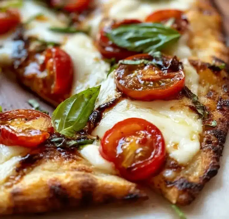 Delicious Caprese Flatbread Pizza with fresh mozzarella, tomatoes, and basil