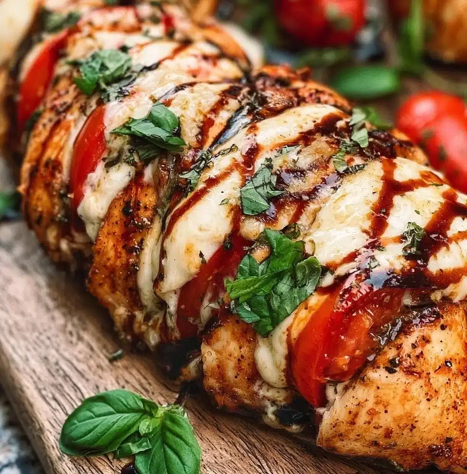 Caprese Stuffed Chicken with mozzarella, tomatoes and basil on a plate