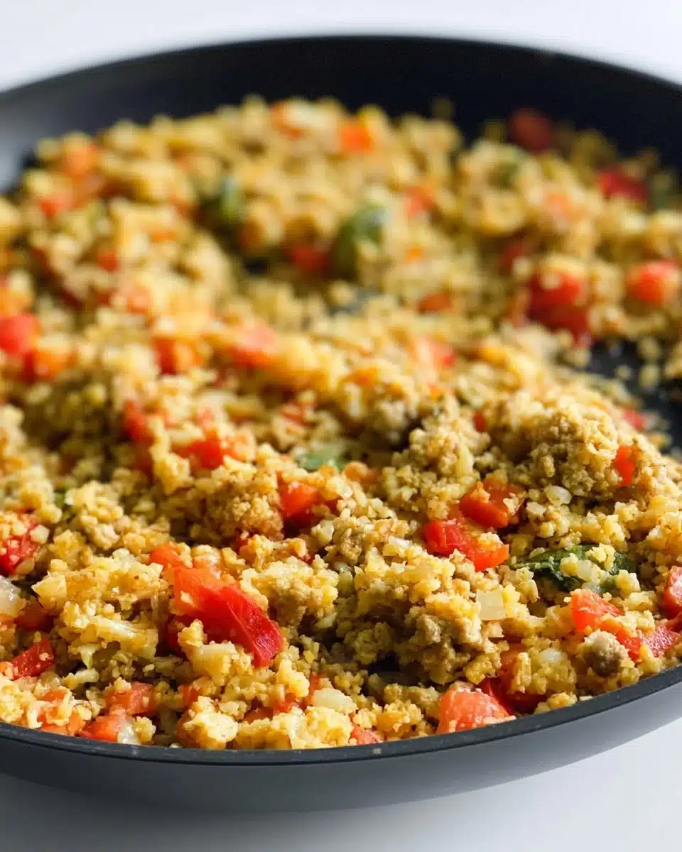 Cauliflower rice with seasoned ground turkey in a vibrant bowl