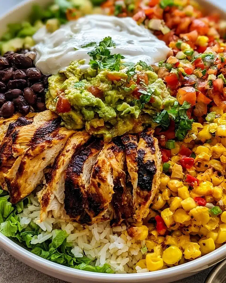 A colorful chicken burrito bowl filled with vibrant vegetables and toppings.