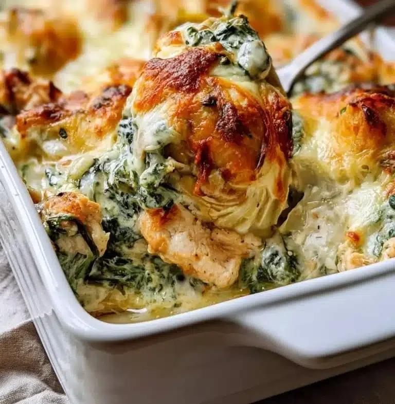 Creamy chicken spinach artichoke casserole baked in a dish