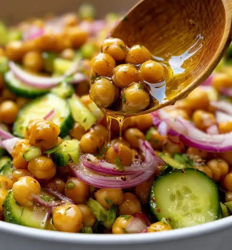 Chickpea cucumber salad served in a bowl with fresh vegetables