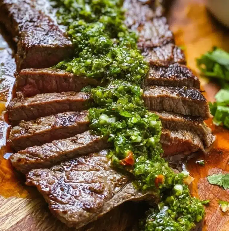 Grilled Chimichurri Steak garnished with fresh herbs