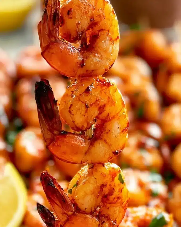 Grilled Chipotle Honey Shrimp Skewers on a platter with garnish