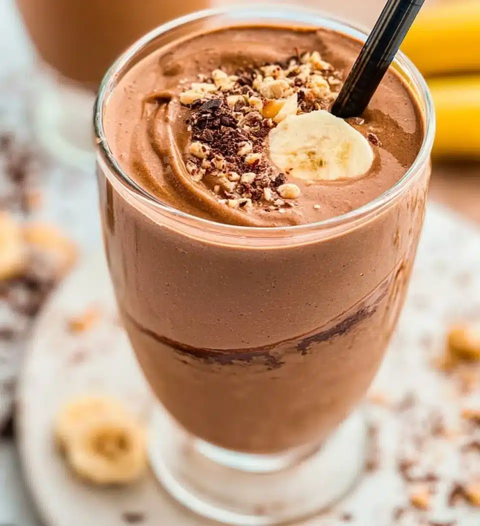 Chocolate Peanut Butter Banana Smoothie in a glass with a straw