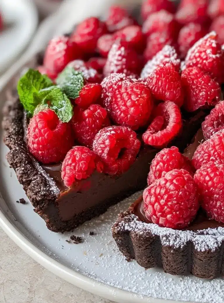 Delicious Chocolate Raspberry Tart with fresh raspberries and chocolate ganache