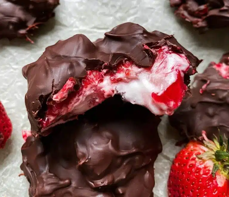 Chocolate strawberry yogurt clusters on a plate, perfect for a tasty snack.