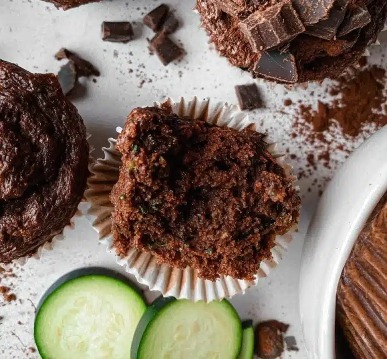 Decadent Chocolate Zucchini Muffins on a plate with chocolate chips