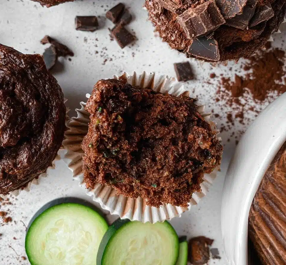 Decadent Chocolate Zucchini Muffins on a plate with chocolate chips