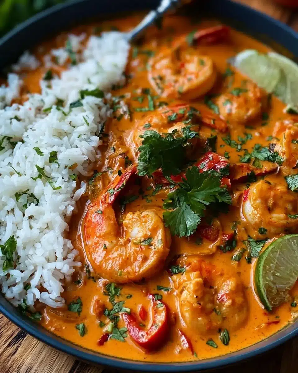 Delicious Coconut Shrimp Curry served in a bowl with herbs and spices