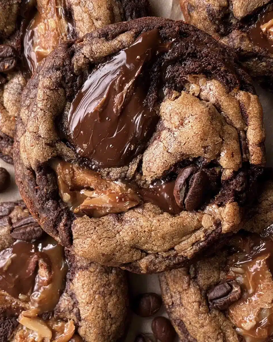 Freshly baked coffee toffee cookies with chocolate drizzle and toffee chunks.
