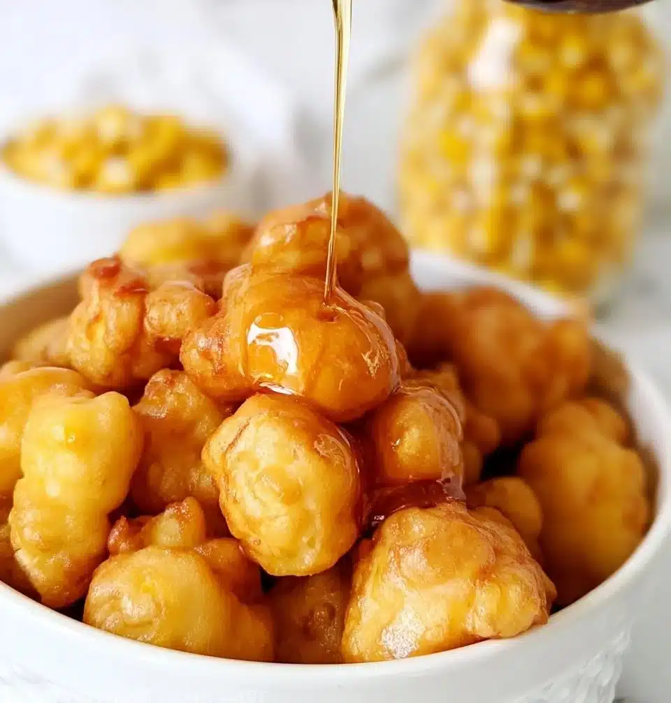 Golden brown corn fritters served on a plate with dipping sauce