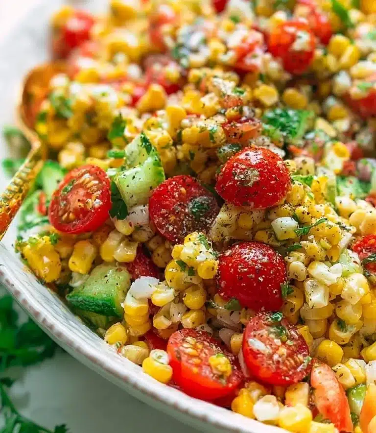 Colorful and fresh corn salad in a bowl with vegetables
