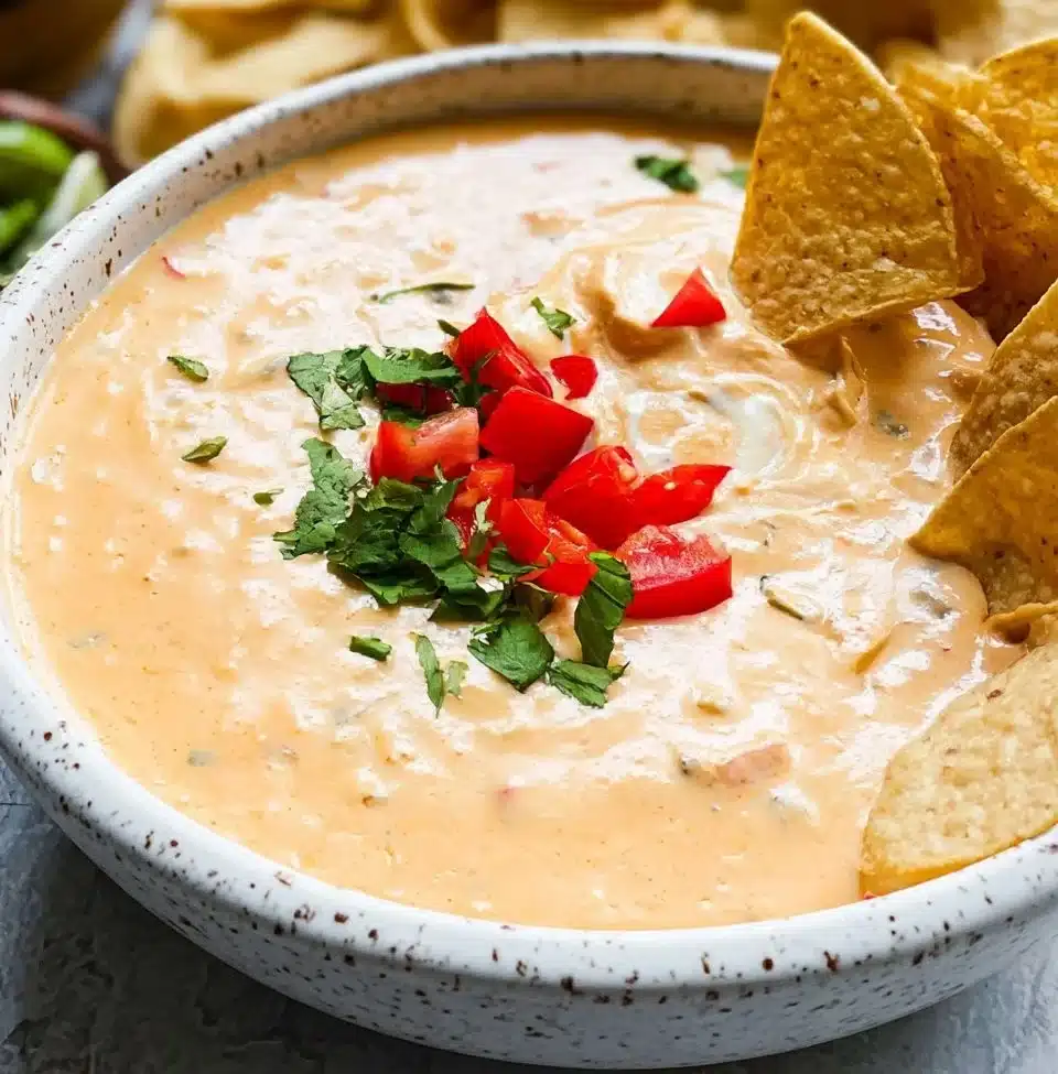 Delicious Cottage Cheese Queso Dip served in a bowl with tortilla chips
