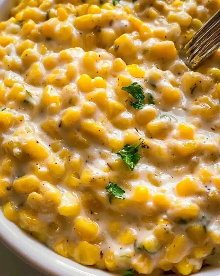 Delicious bowl of homemade creamed corn served with fresh herbs.