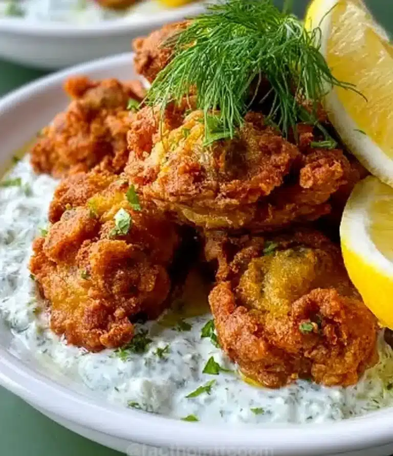 Plate of golden crispy oysters garnished with lemon and herbs
