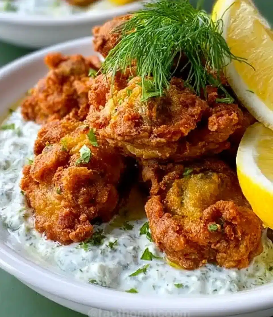 Plate of golden crispy oysters garnished with lemon and herbs