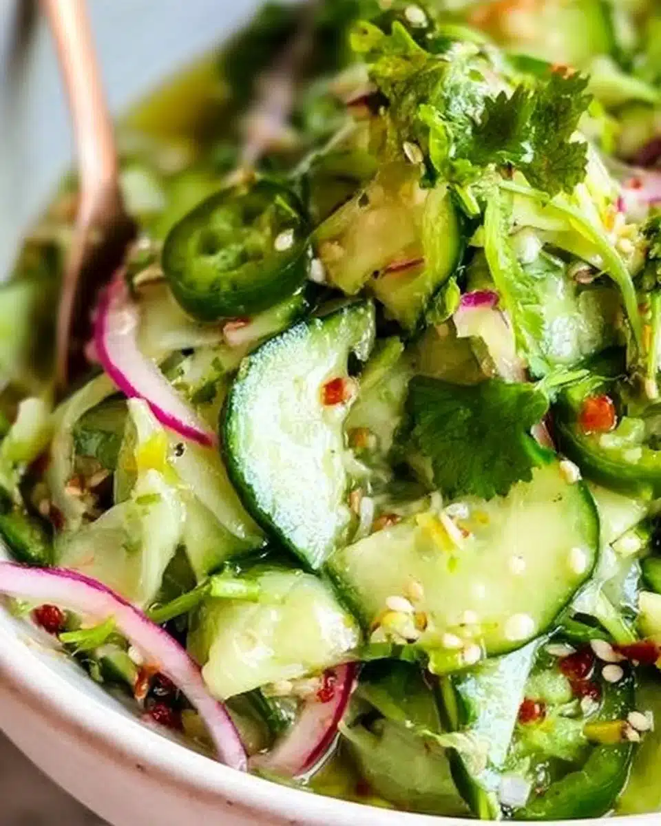 Fresh cucumber salad with a mix of crunchy vegetables in a bowl