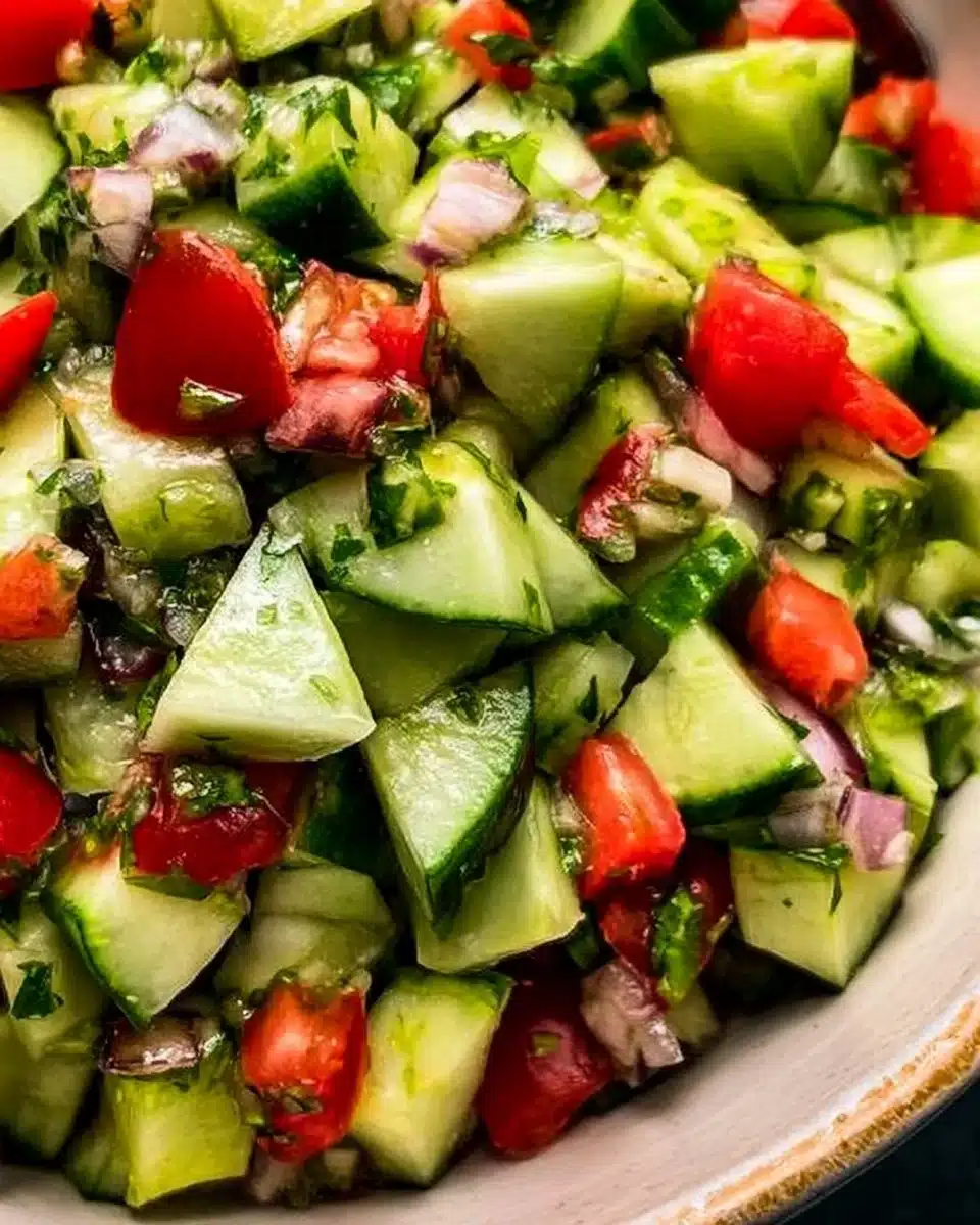 Fresh cucumber salsa made with diced cucumbers, tomatoes, and lime juice.