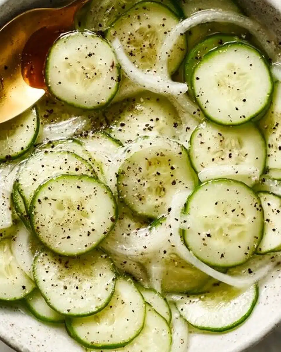 Refreshing Cucumber Vinegar Salad in a bowl garnished with herbs
