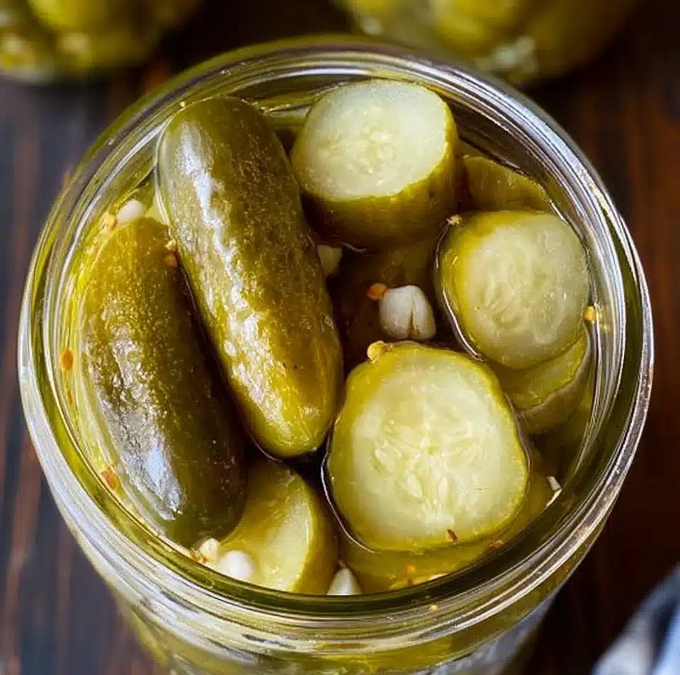 Fresh dill pickles in a jar with spices and herbs