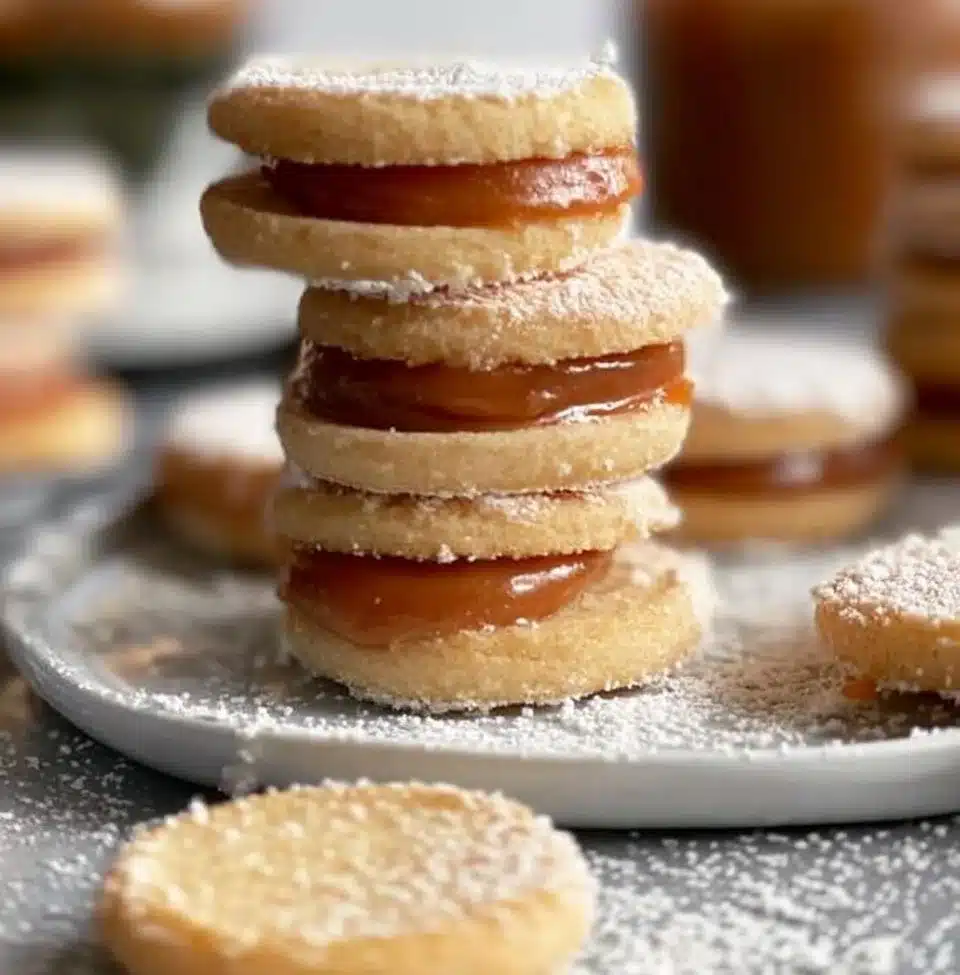 Dulce de leche sandwich cookies on a wooden plate