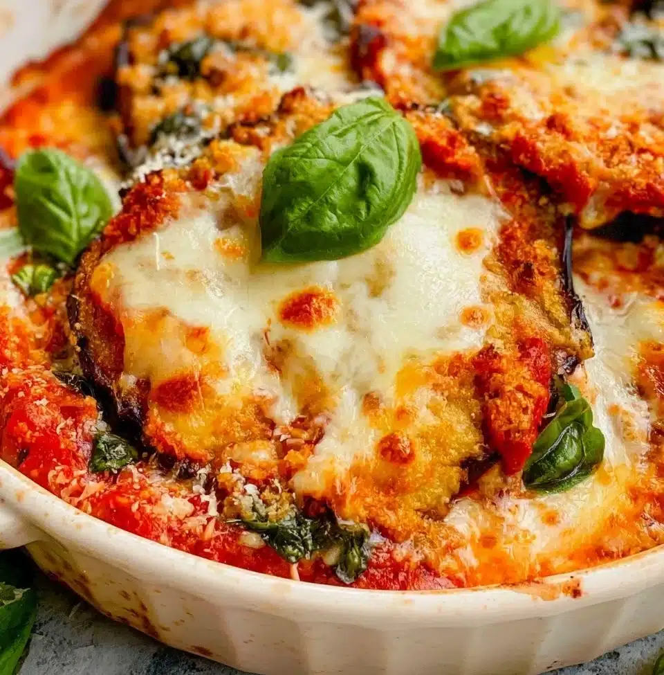 Delicious homemade Eggplant Parmesan with layers of eggplant, marinara, and cheese.