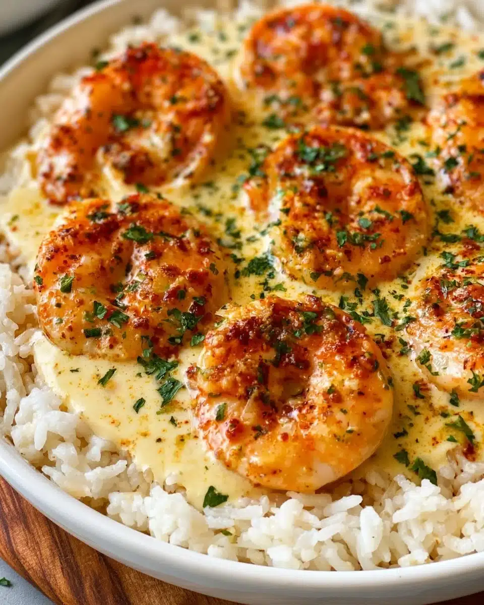 Garlic butter shrimp served over a bed of fluffy rice, garnished with fresh herbs.