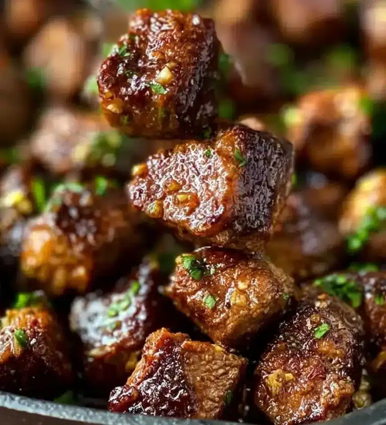 Plated garlic butter steak bites garnished with herbs