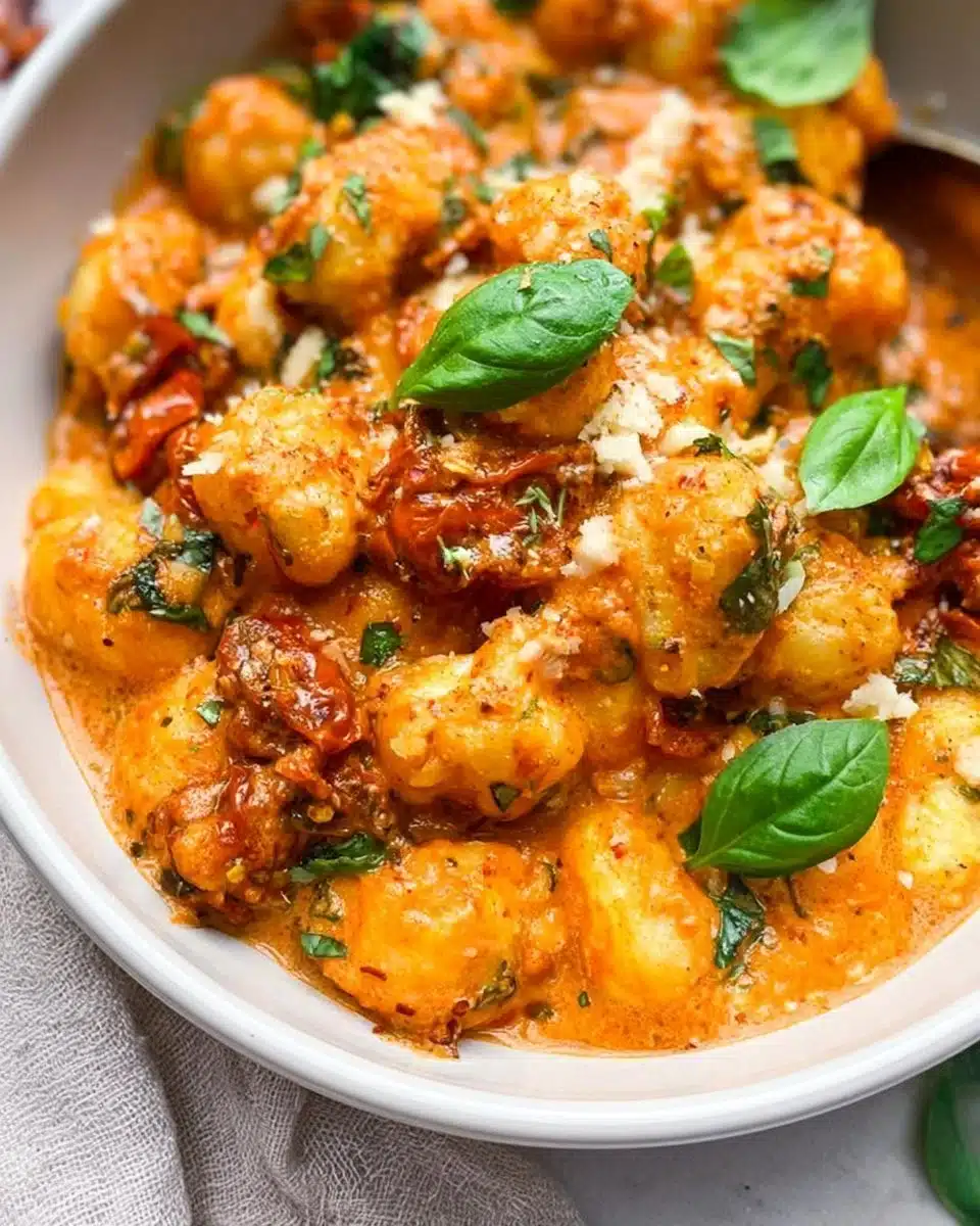 Delicious gnocchi served with savory sundried tomato sauce