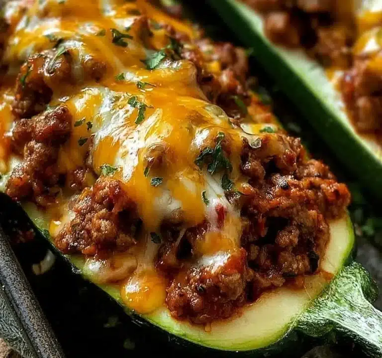 Delicious ground beef zucchini boats topped with cheese and herbs