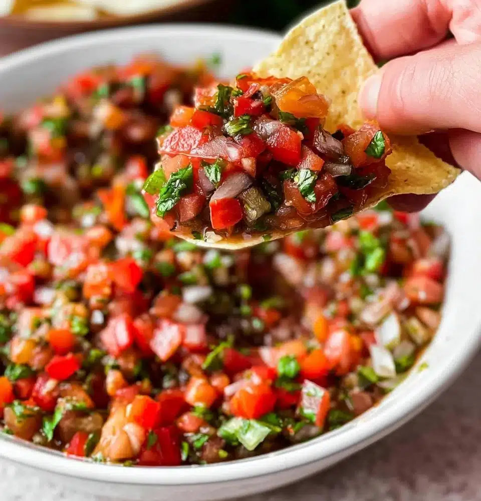 Bowl of fresh homemade salsa made with tomatoes, onions, and cilantro