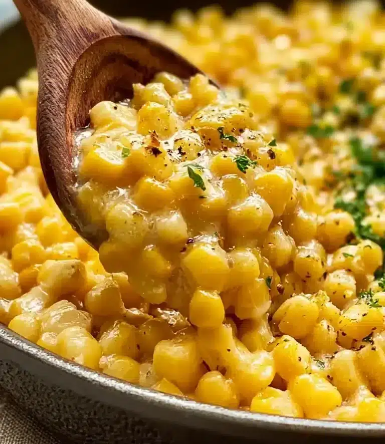 Delicious honey butter skillet corn served in a rustic skillet.