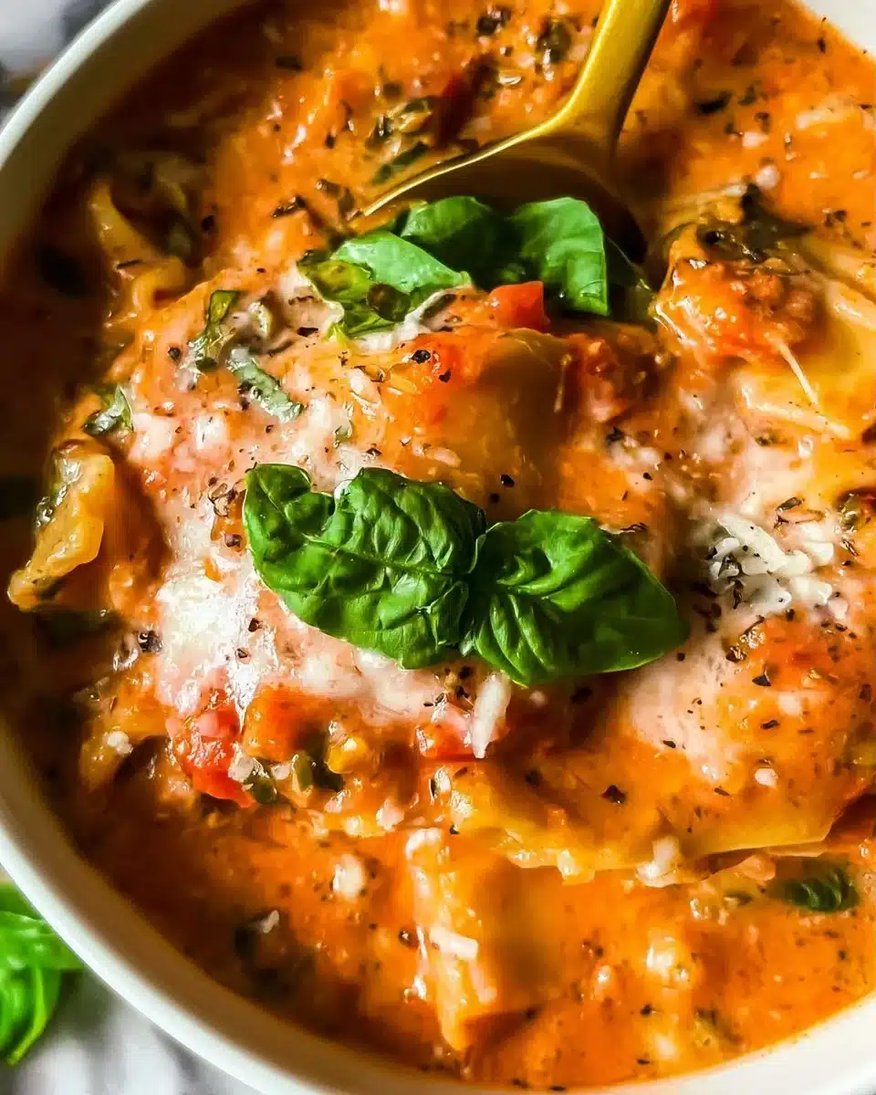Bowl of delicious lasagna soup with cheese and herbs