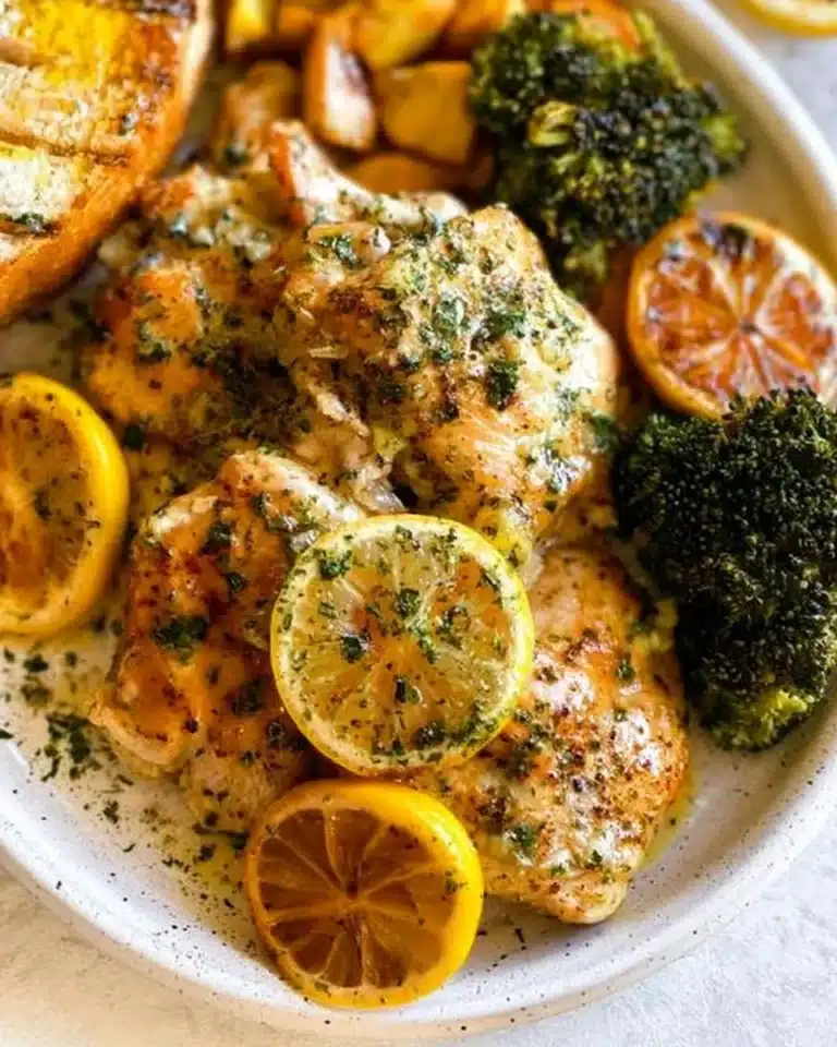 A delicious plate of Lemon Garlic Chicken garnished with fresh herbs.