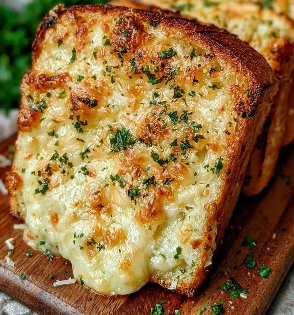 Delicious Mozzarella Parmesan Garlic Bread topped with melted cheese and garlic.