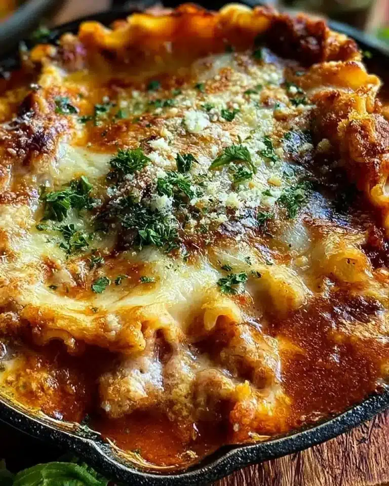 One pot skillet lasagna cooked in a skillet, showcasing layers of pasta, cheese, and sauce.